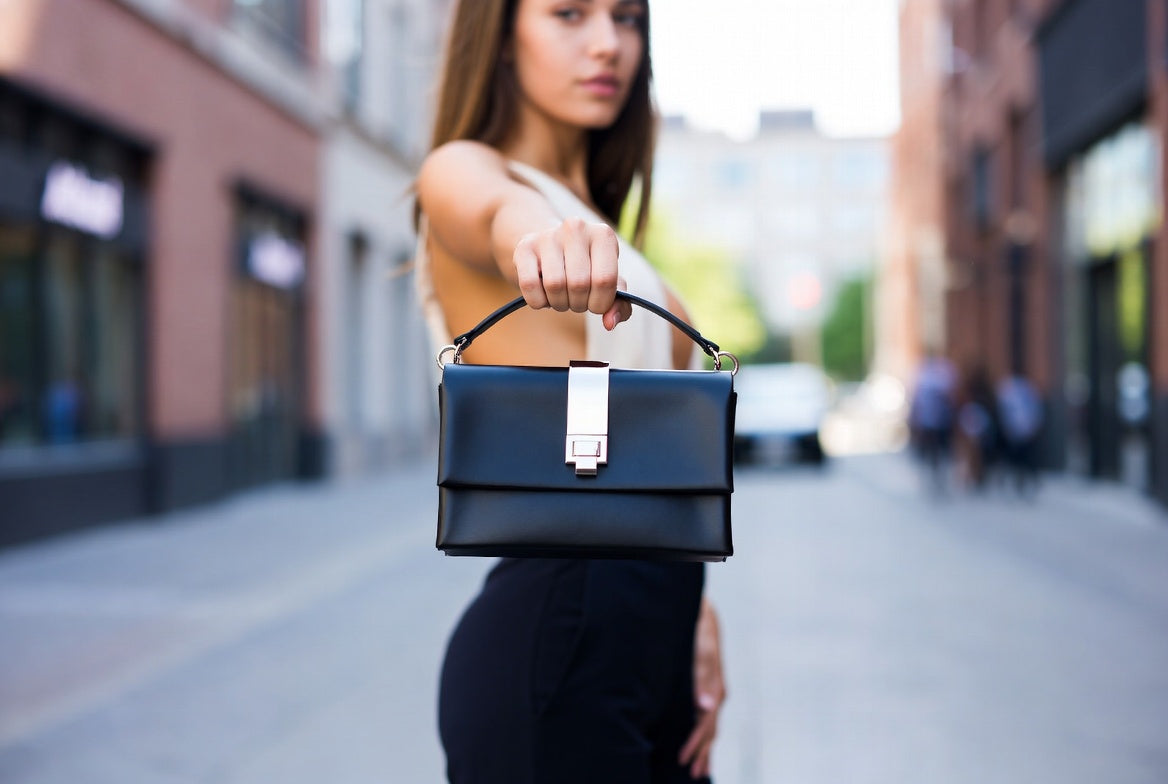 Woman holding a black handbag on a city street