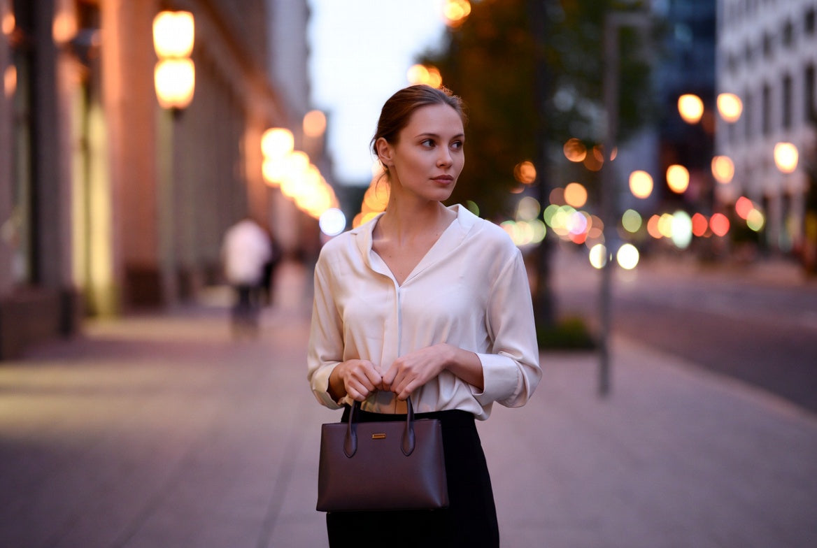 Woman walking on a city street at night with blurred lights in the background
